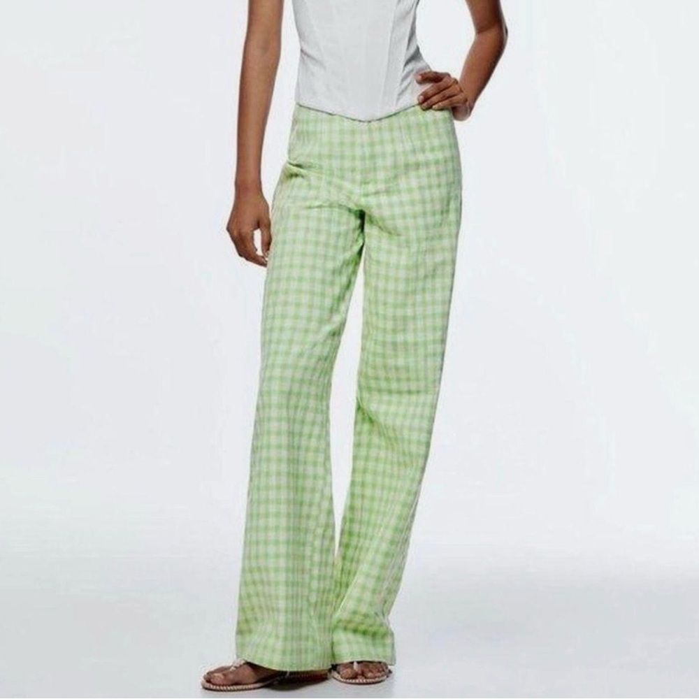 Zara Light Green Checkered Wide Leg Pants